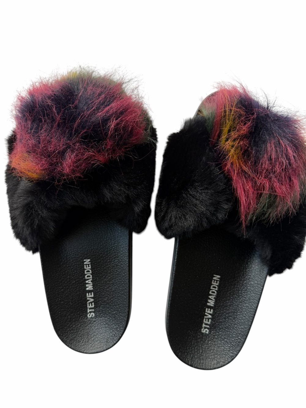 NWT Steve Madden Black Faux Fur Slide Sandals with Multicolor Accents Size 8
